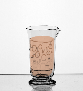 a glass beaker with draw-on orange liquid. there's around...