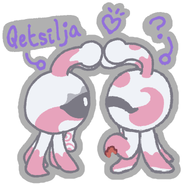 one selsian named Qetsilja, and another being pointed at with an arrow. they're nuzzling. cute!