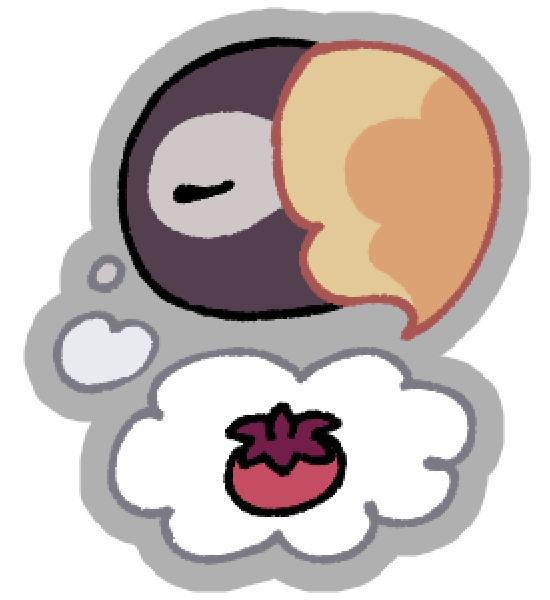 a bird thinking of a... tomato? or non-blue blueberry. whatever it is